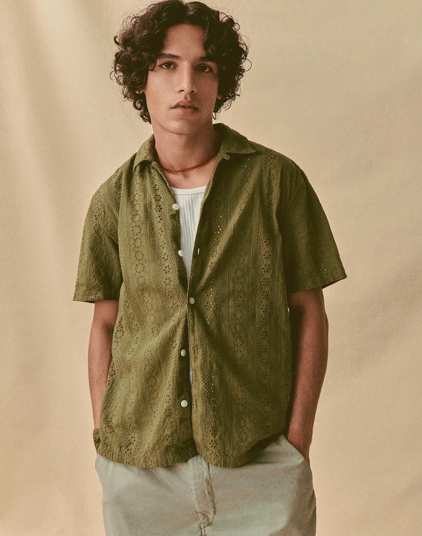 Madewell Camp-Collar Short-Sleeve Shirt in Embroidered Cotton Chateau Olive