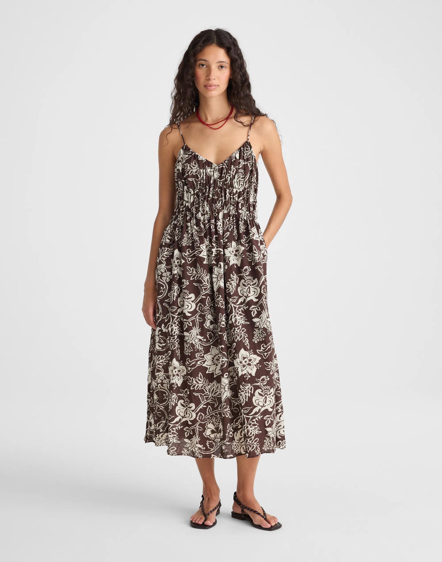 Madewell Ruched V-Neck Sleeveless Maxi Dress Dark Brown