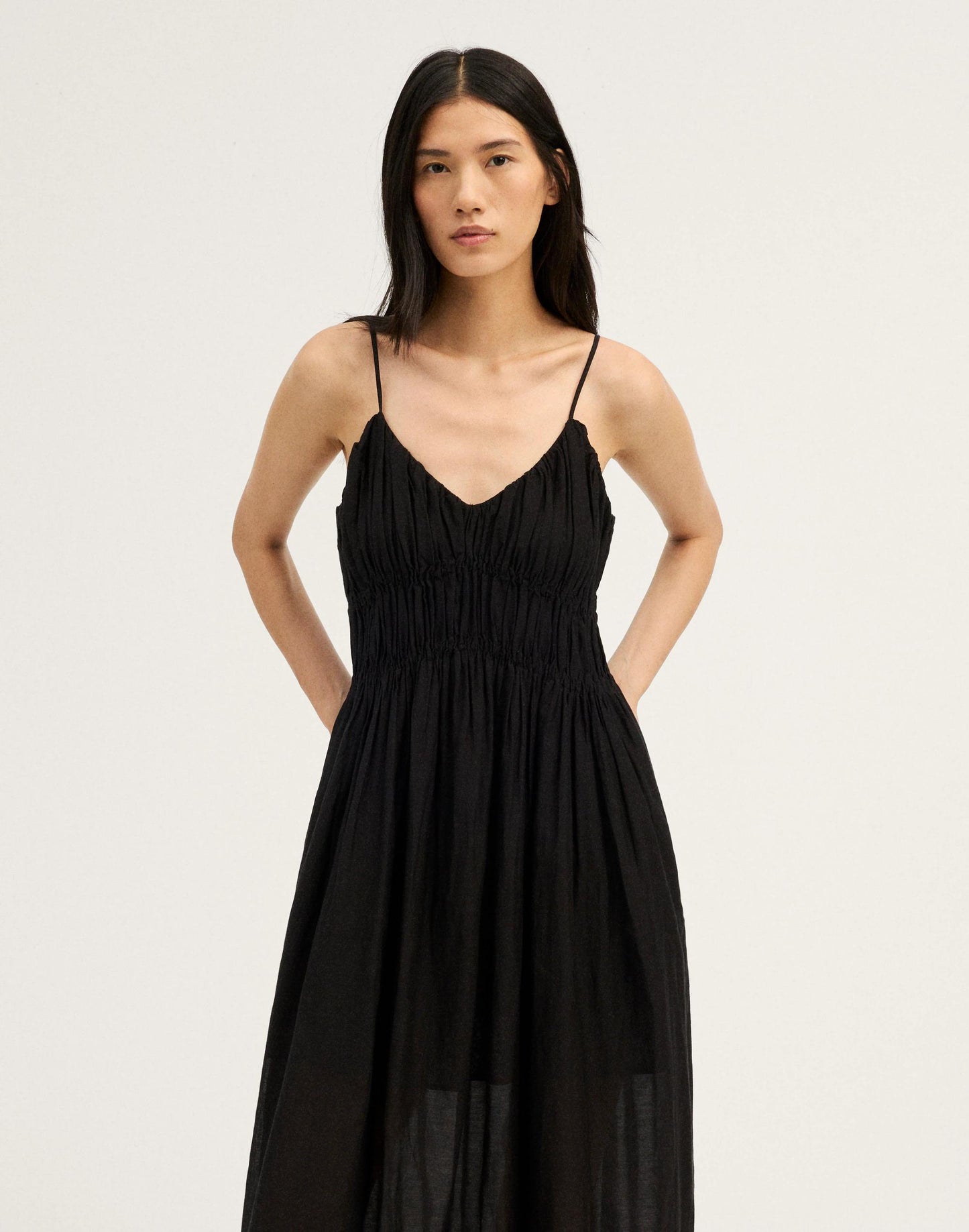 Madewell Ruched V-Neck Sleeveless Maxi Dress Jet Black