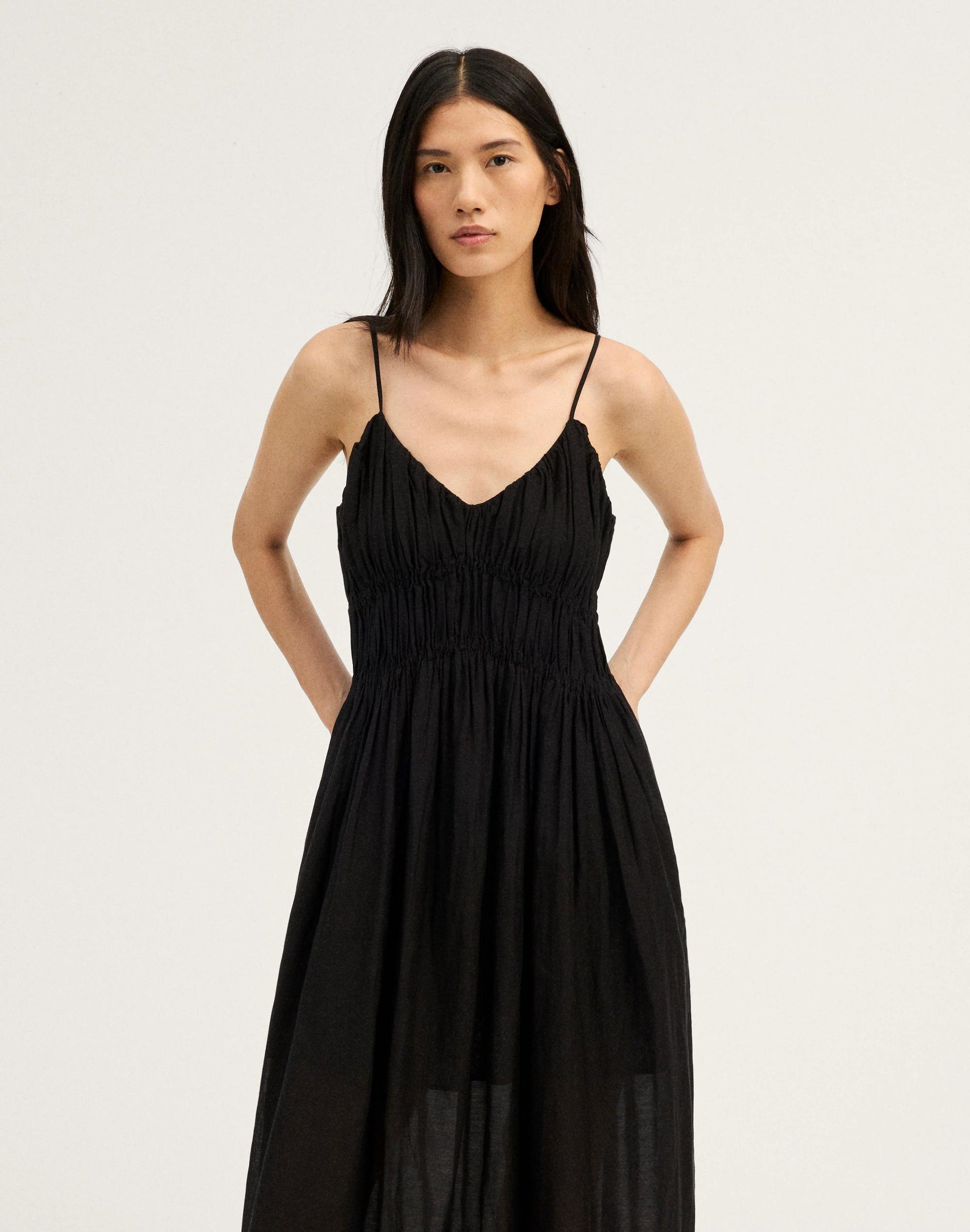 Madewell Ruched V-Neck Sleeveless Maxi Dress Jet Black