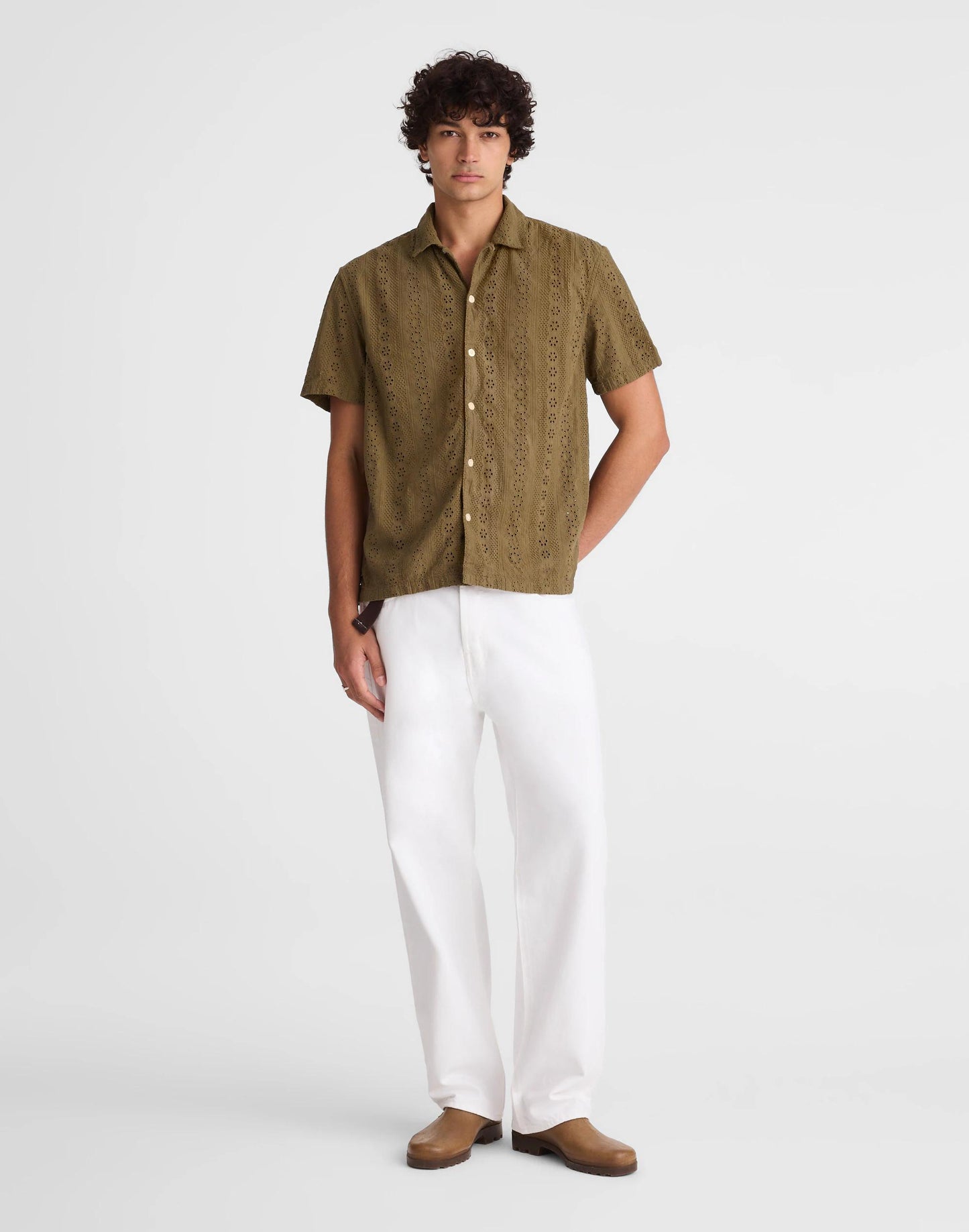 Madewell Camp-Collar Short-Sleeve Shirt in Embroidered Cotton Chateau Olive