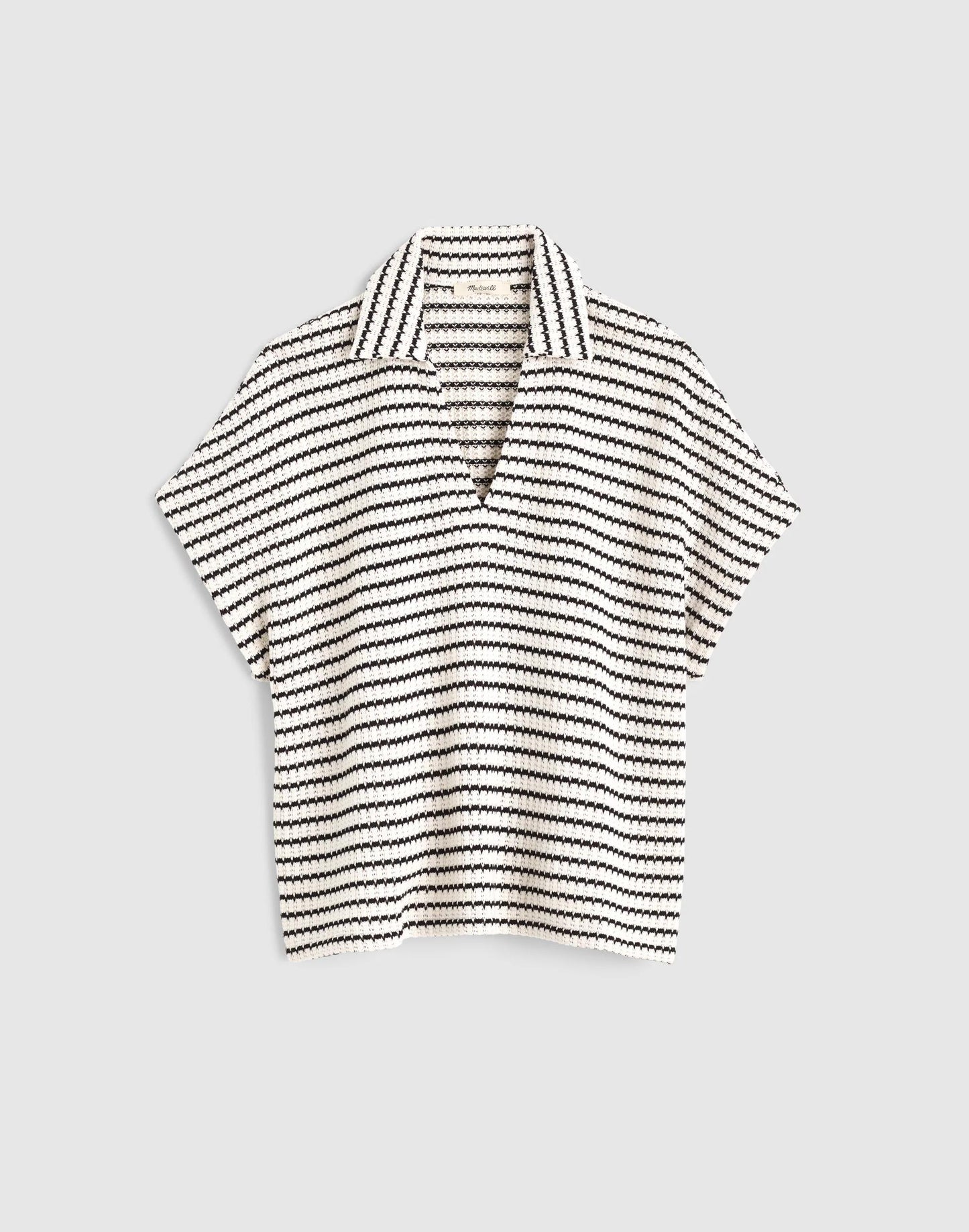 Madewell Textured-Knit Johnny-Collar Shirt Ivory And Black Tuck Stitch