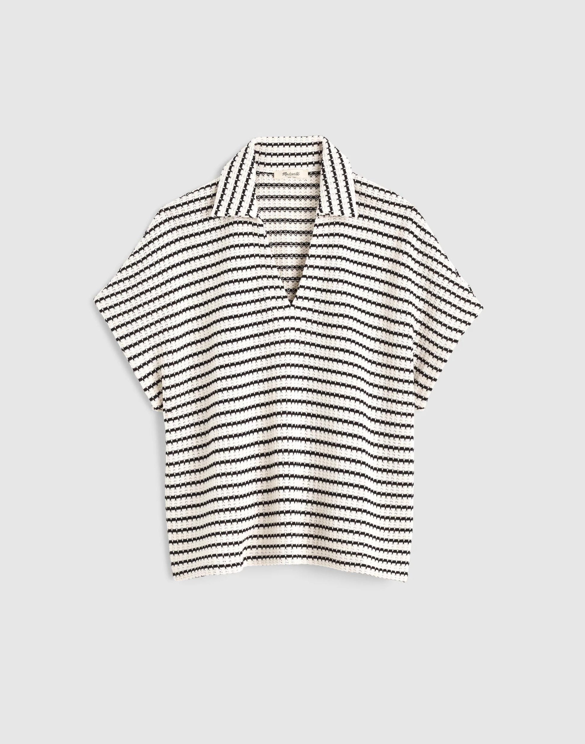 Madewell Textured-Knit Johnny-Collar Shirt Ivory And Black Tuck Stitch