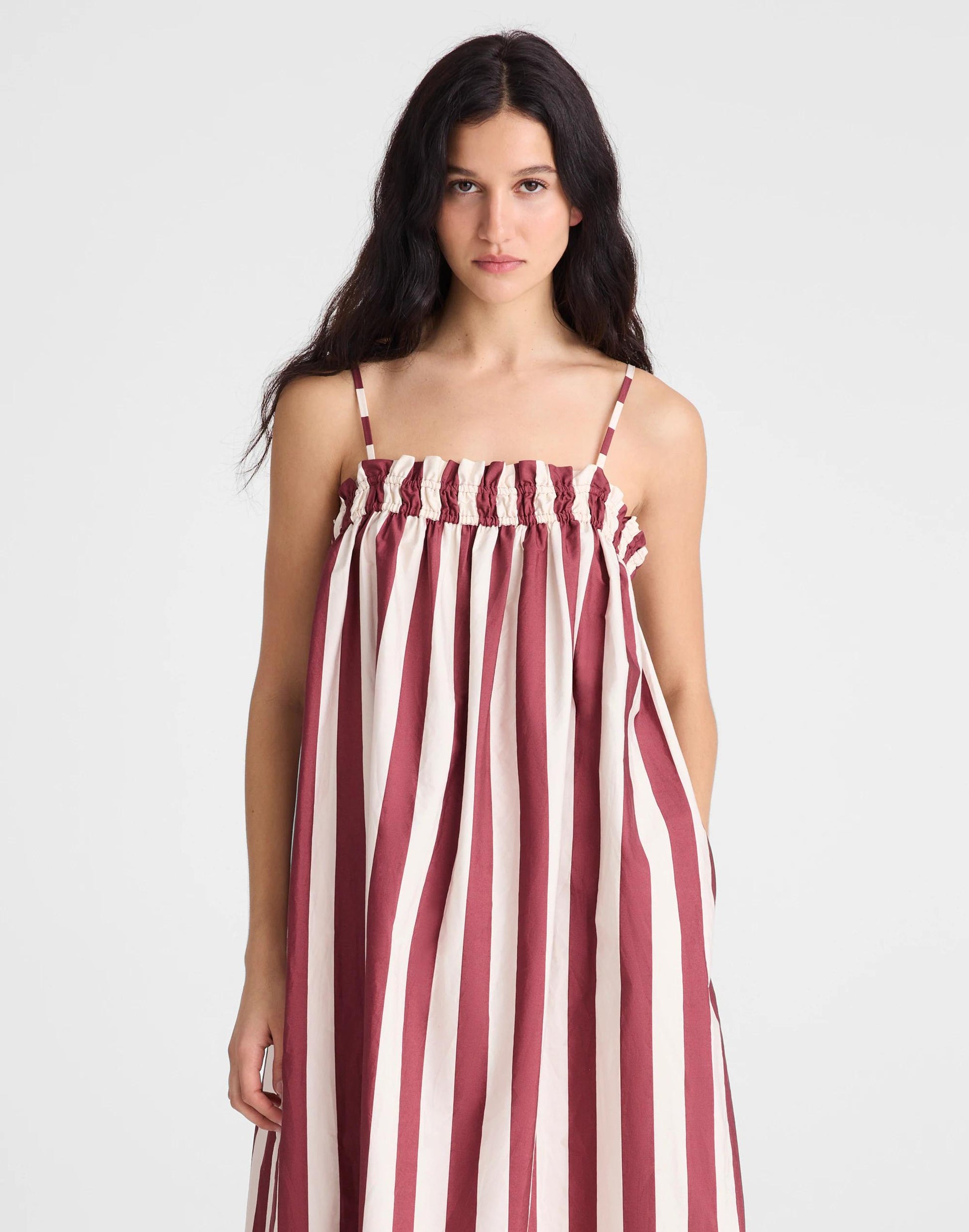 Madewell Ruffle A-Line Midi Dress in Stripe Dusty Merlot