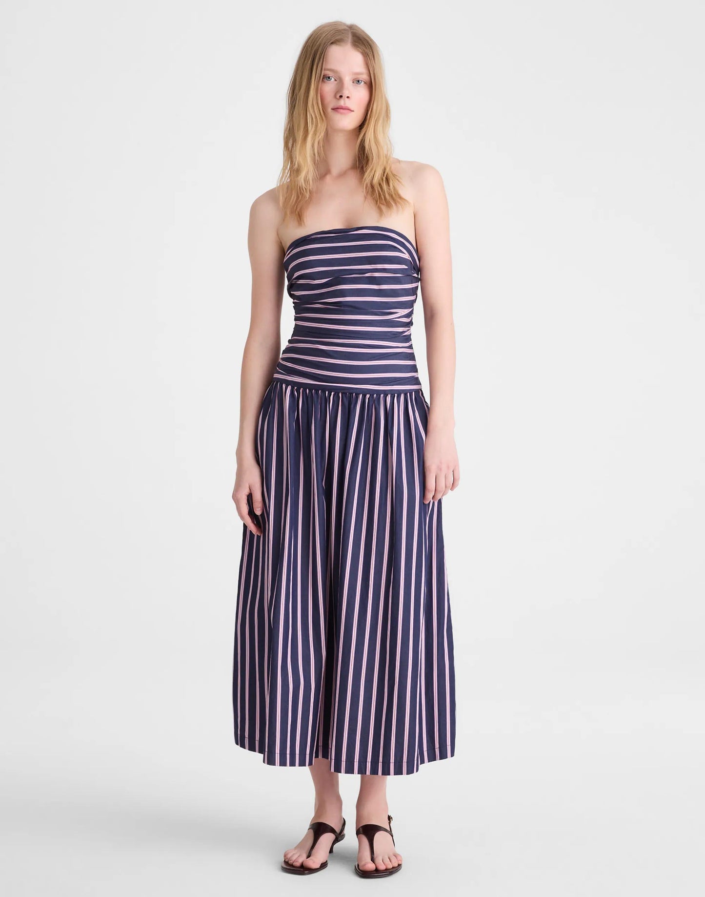Madewell Strapless Ruched Midi Dress in Poplin Classic Indigo