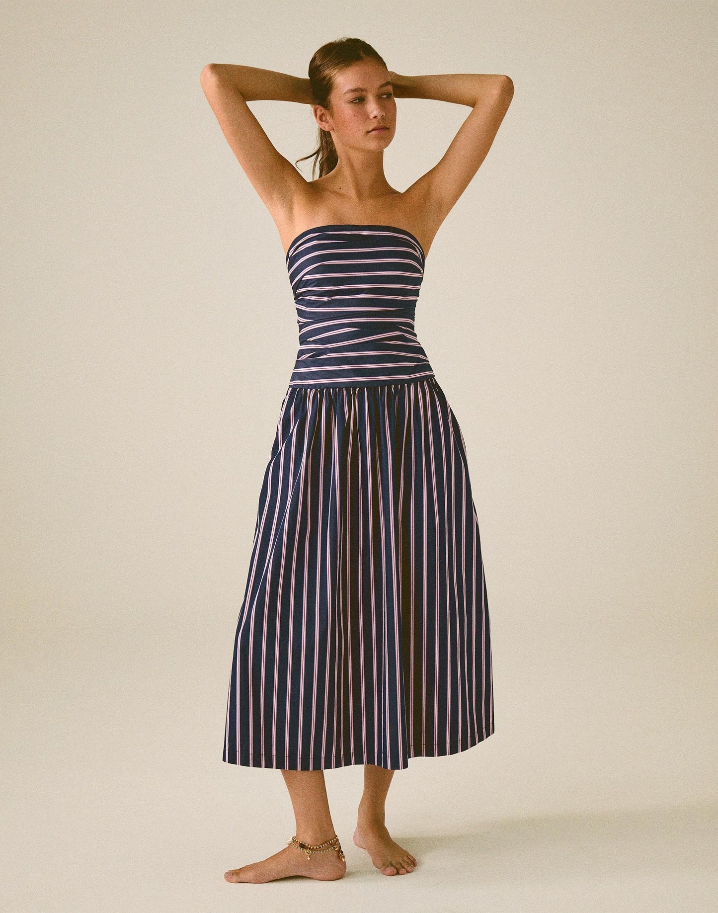 Madewell Strapless Ruched Midi Dress in Poplin Classic Indigo