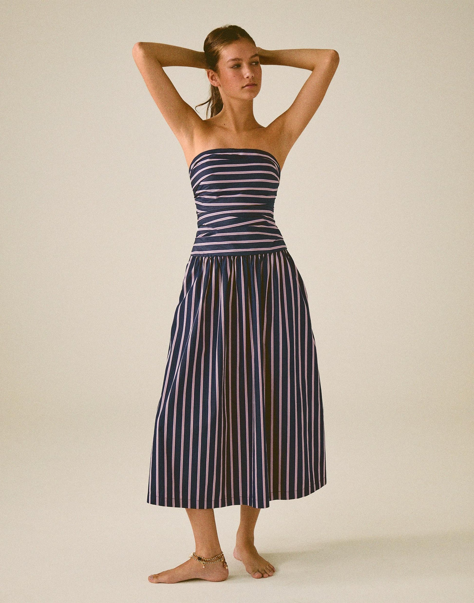 Madewell Strapless Ruched Midi Dress in Poplin Classic Indigo