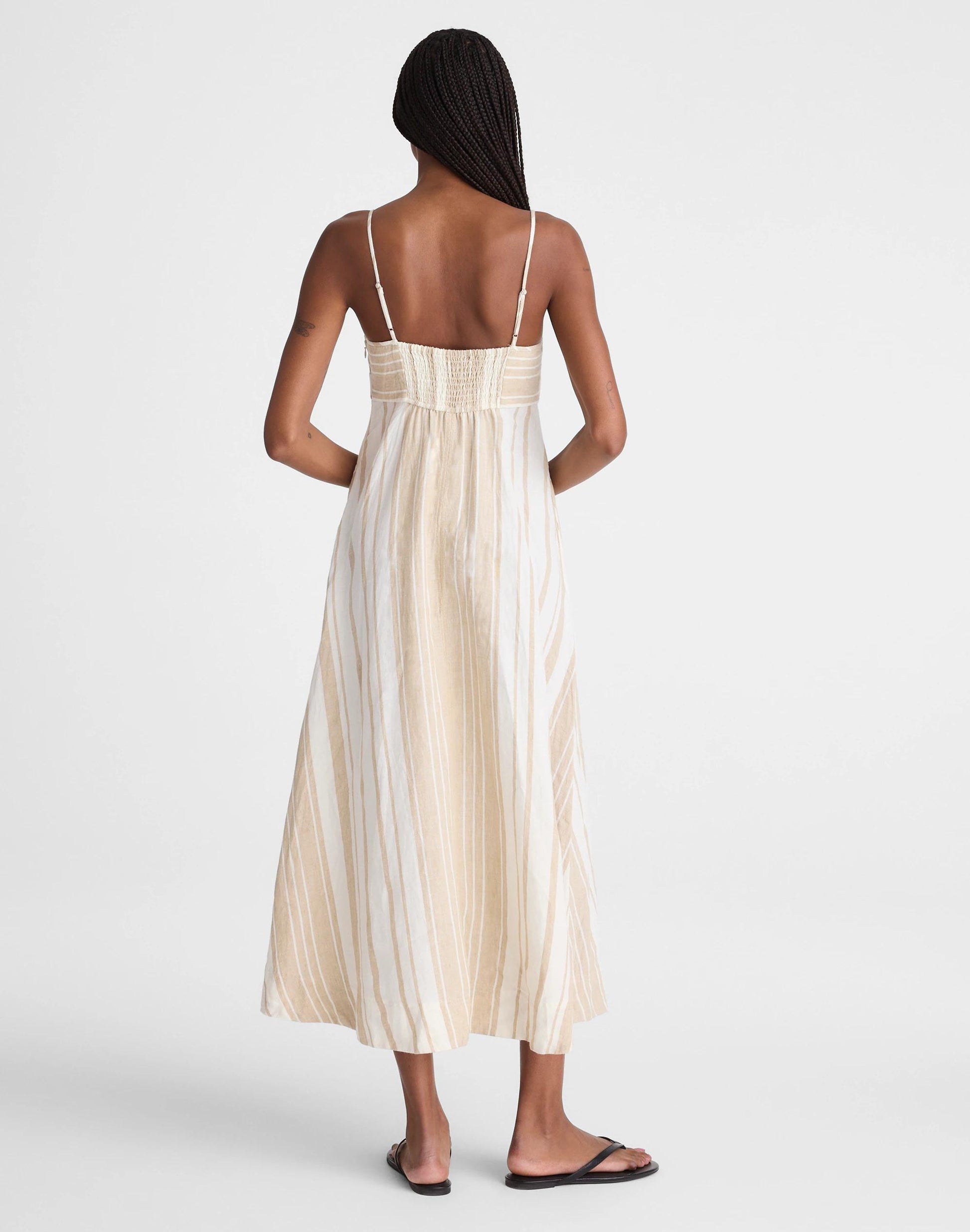 Madewell Empire-Waist Midi Dress in 100% Linen Khaki White Stripe