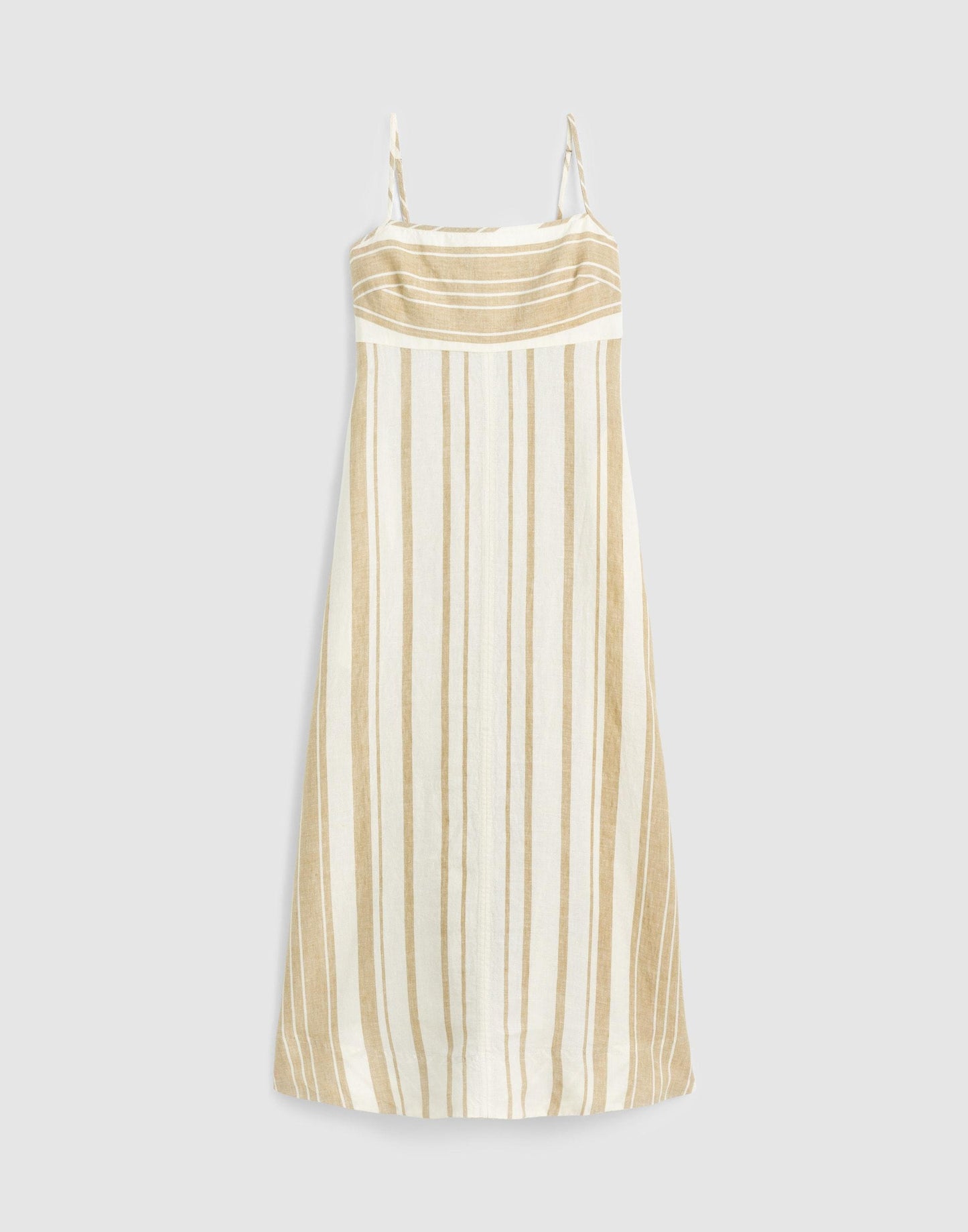 Madewell Empire-Waist Midi Dress in 100% Linen Khaki White Stripe
