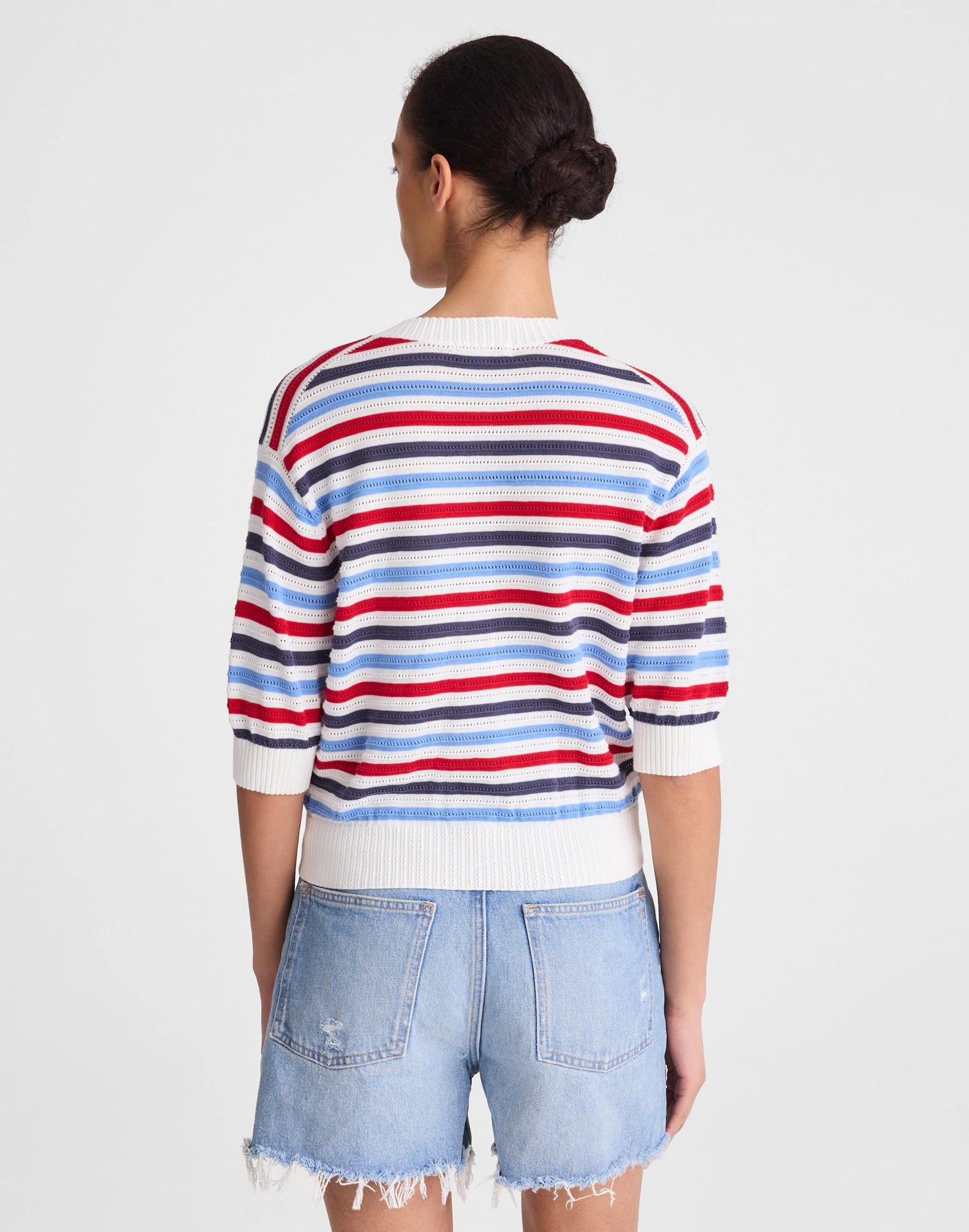 Madewell Textured Short-Sleeve Cardigan in 100% Cotton Ivory Pop Color Multi Stripe