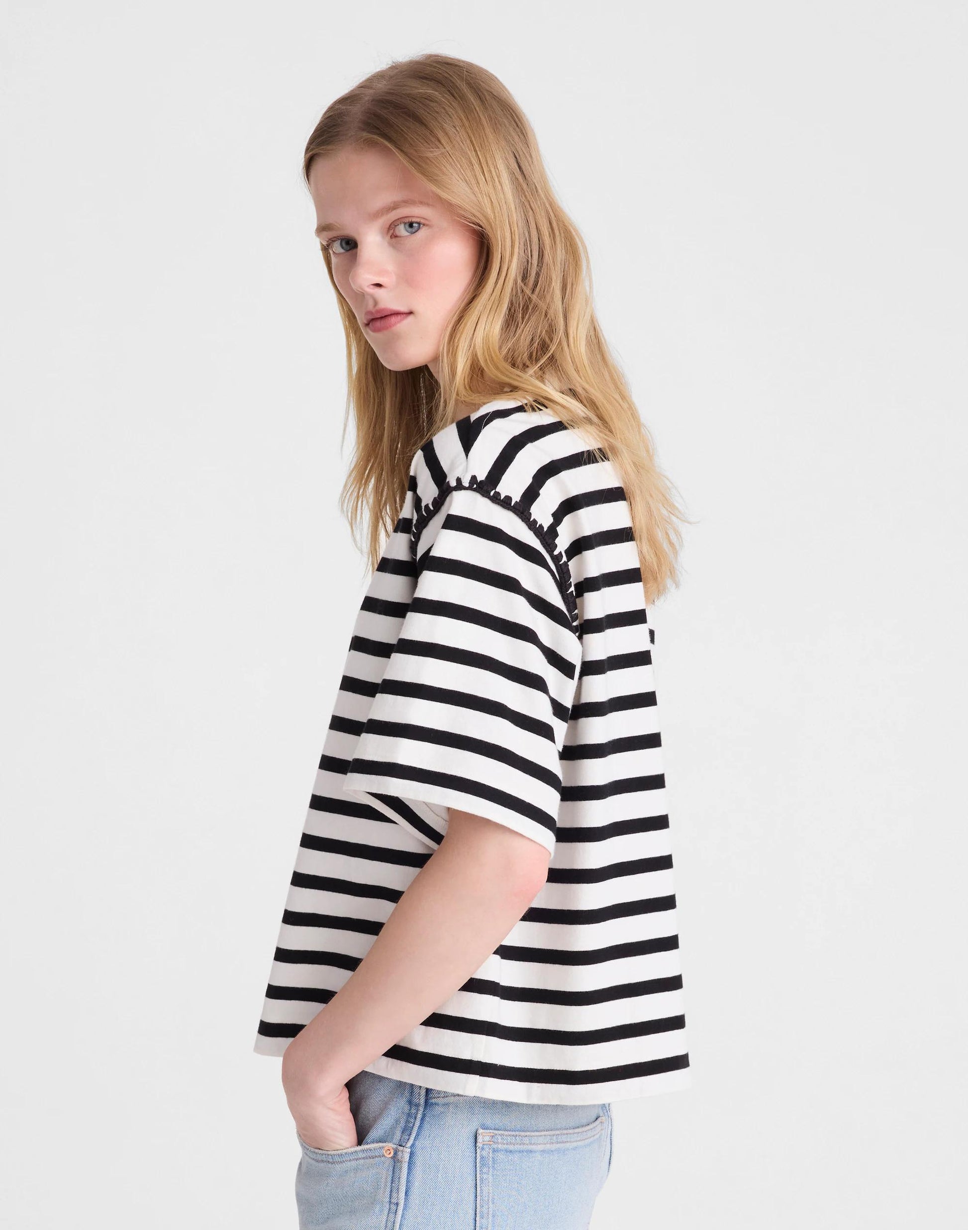 Madewell The Boxy Crop Tee in Allday Jersey Black To White Stripe