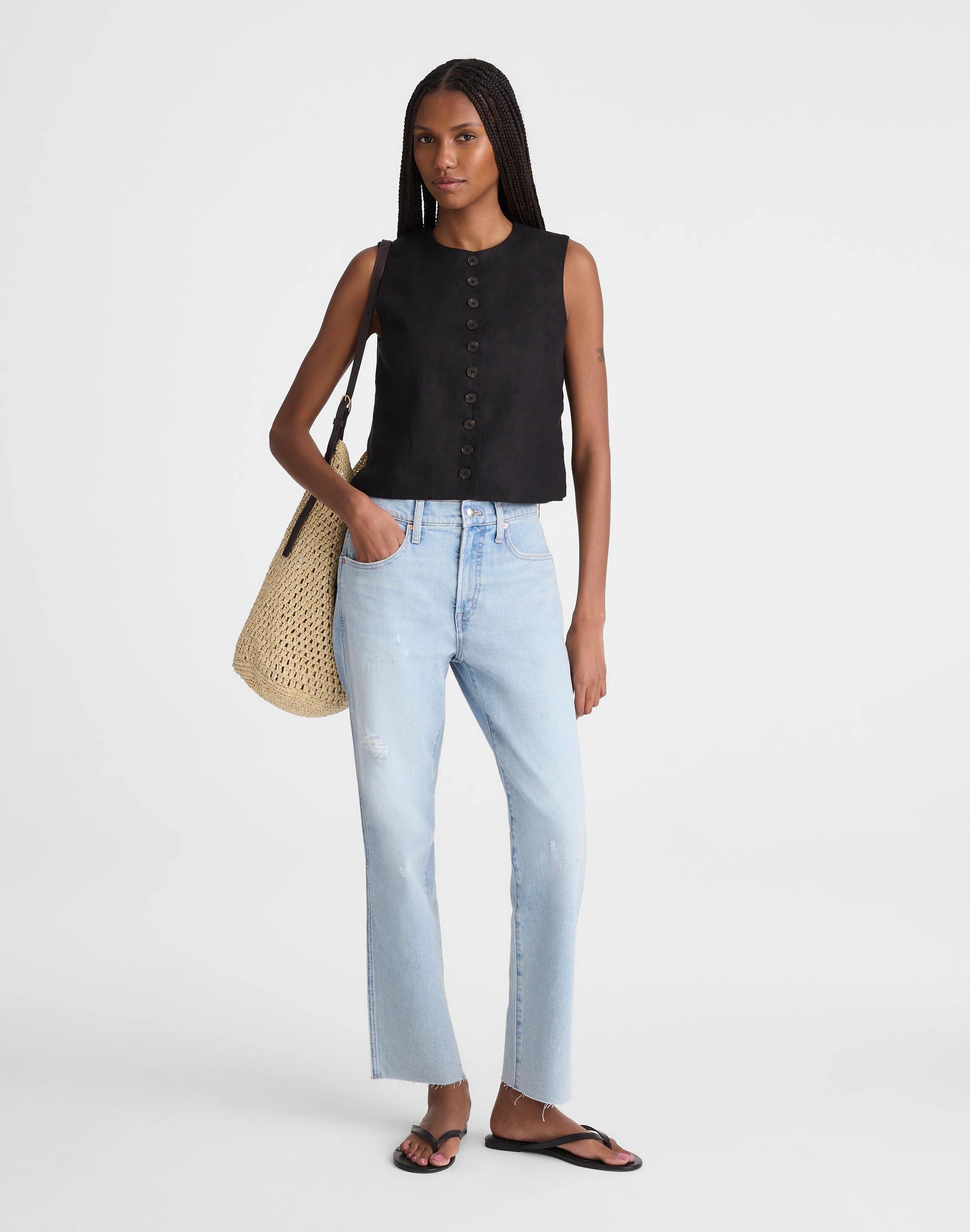 Madewell Button-Front Shell Top in 100% Linen Jet Black