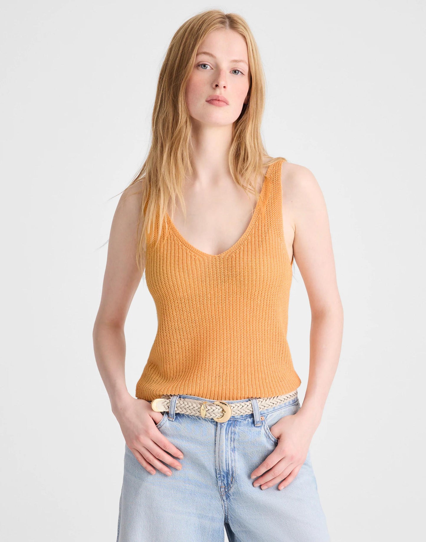 Madewell V-Neck Tank in 100% Linen Apricot Blush