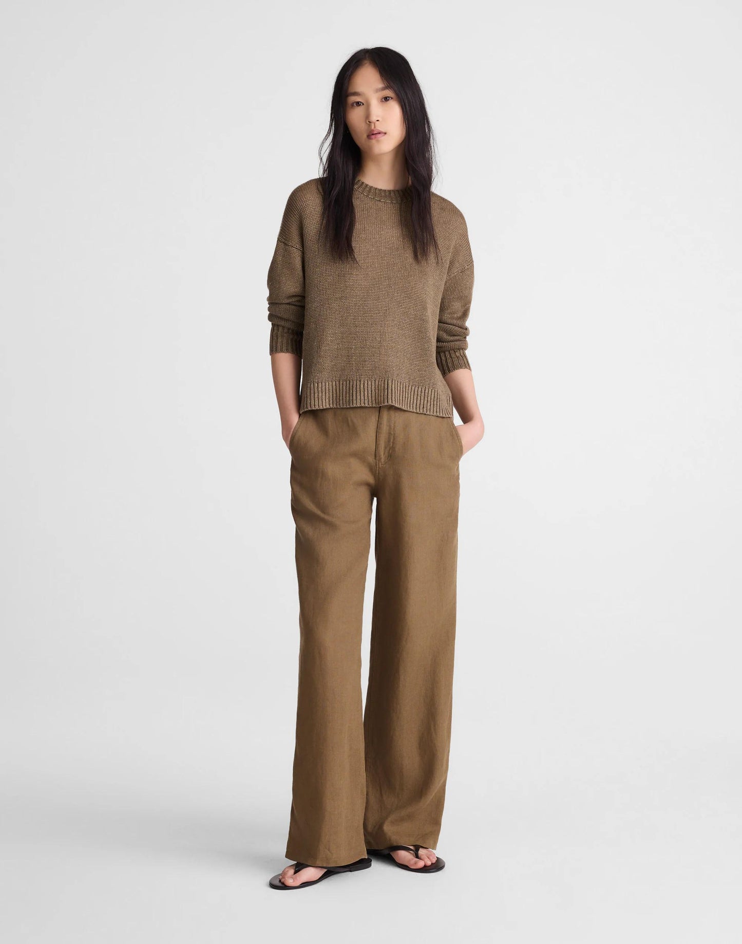 Madewell The Zoe Relaxed Straight Pant in 100% Linen Safari Khaki