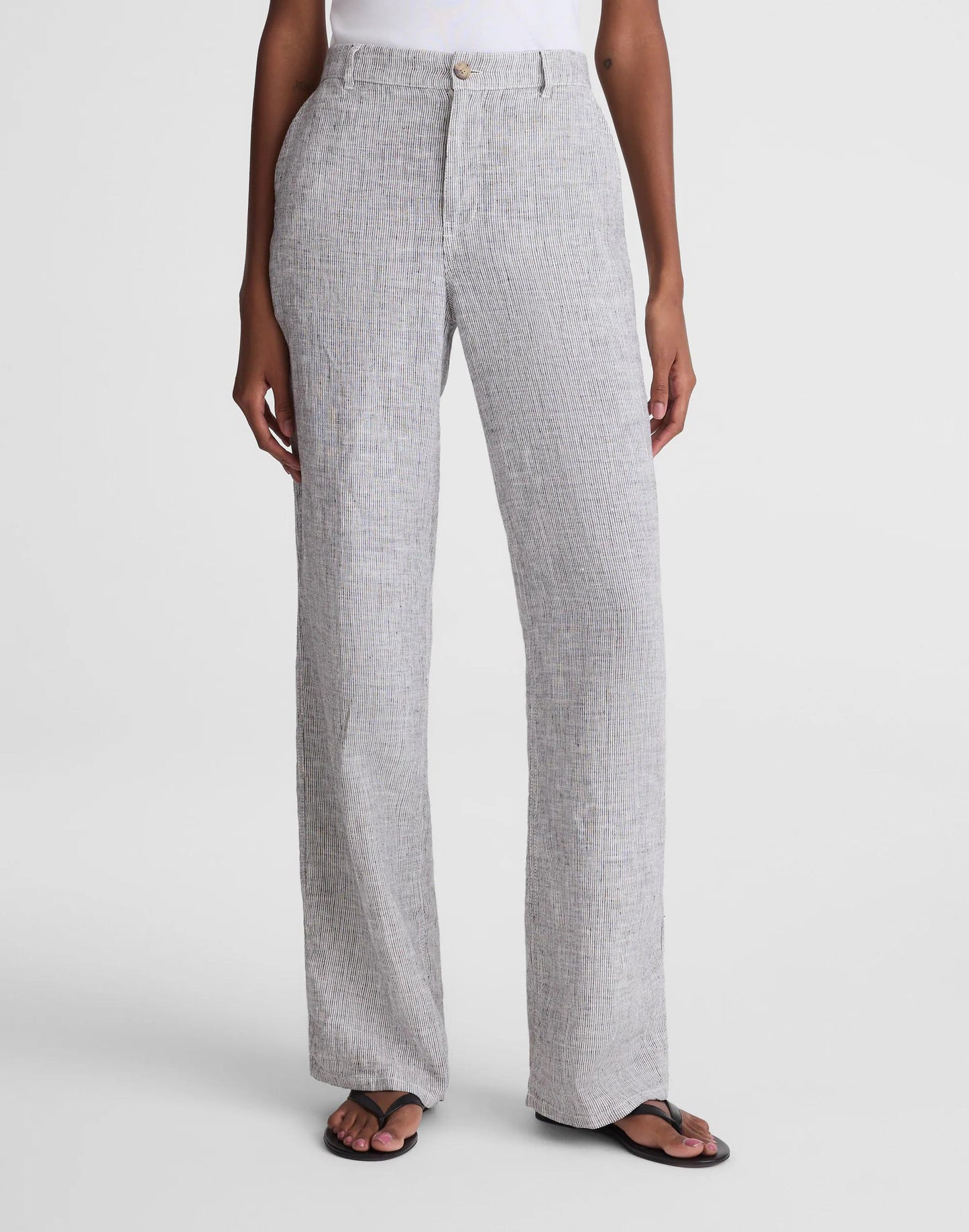 Madewell The Zoe Relaxed Straight Pant in 100% Linen Black White Mini Stripe