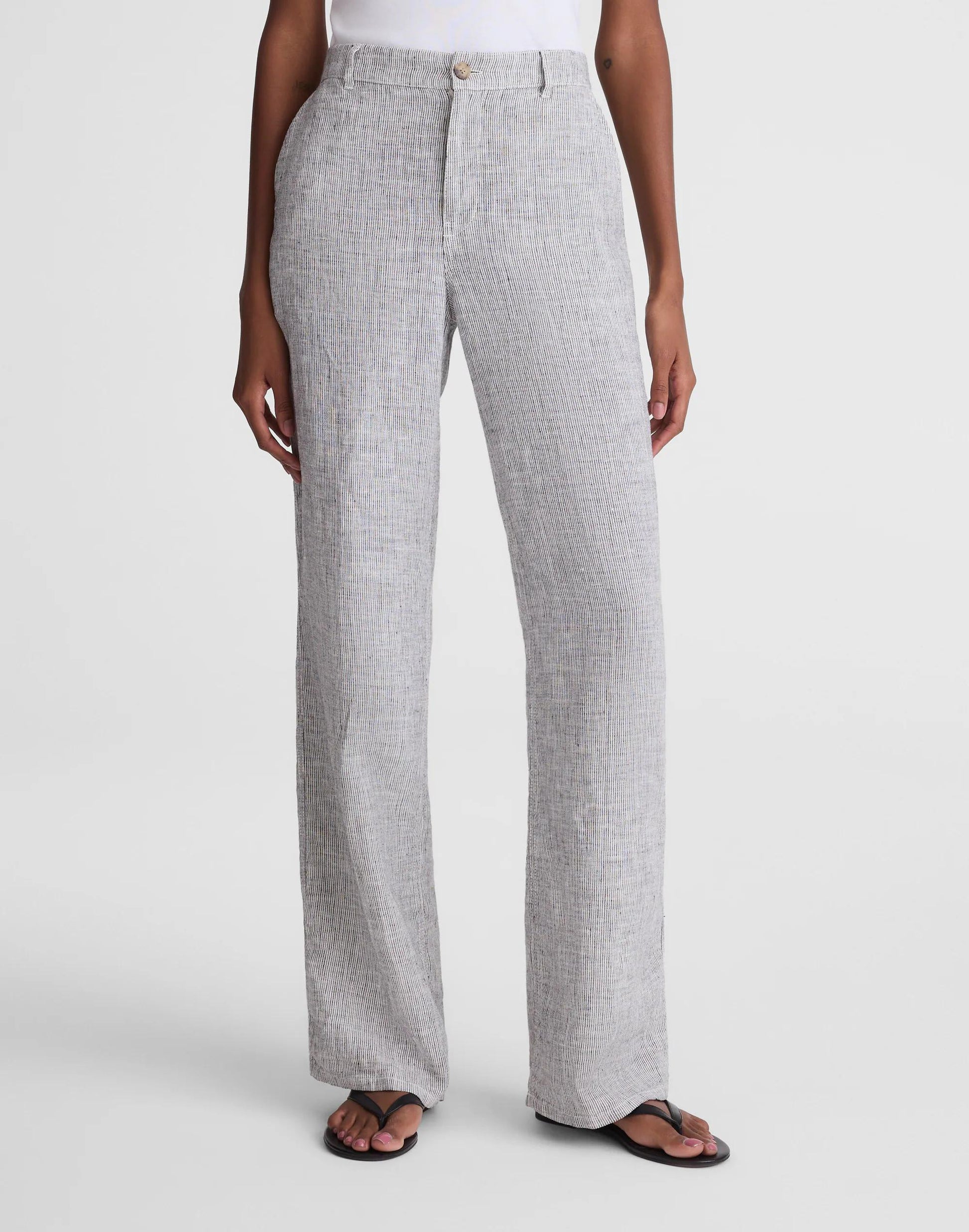 Madewell The Zoe Relaxed Straight Pant in 100% Linen Black White Mini Stripe