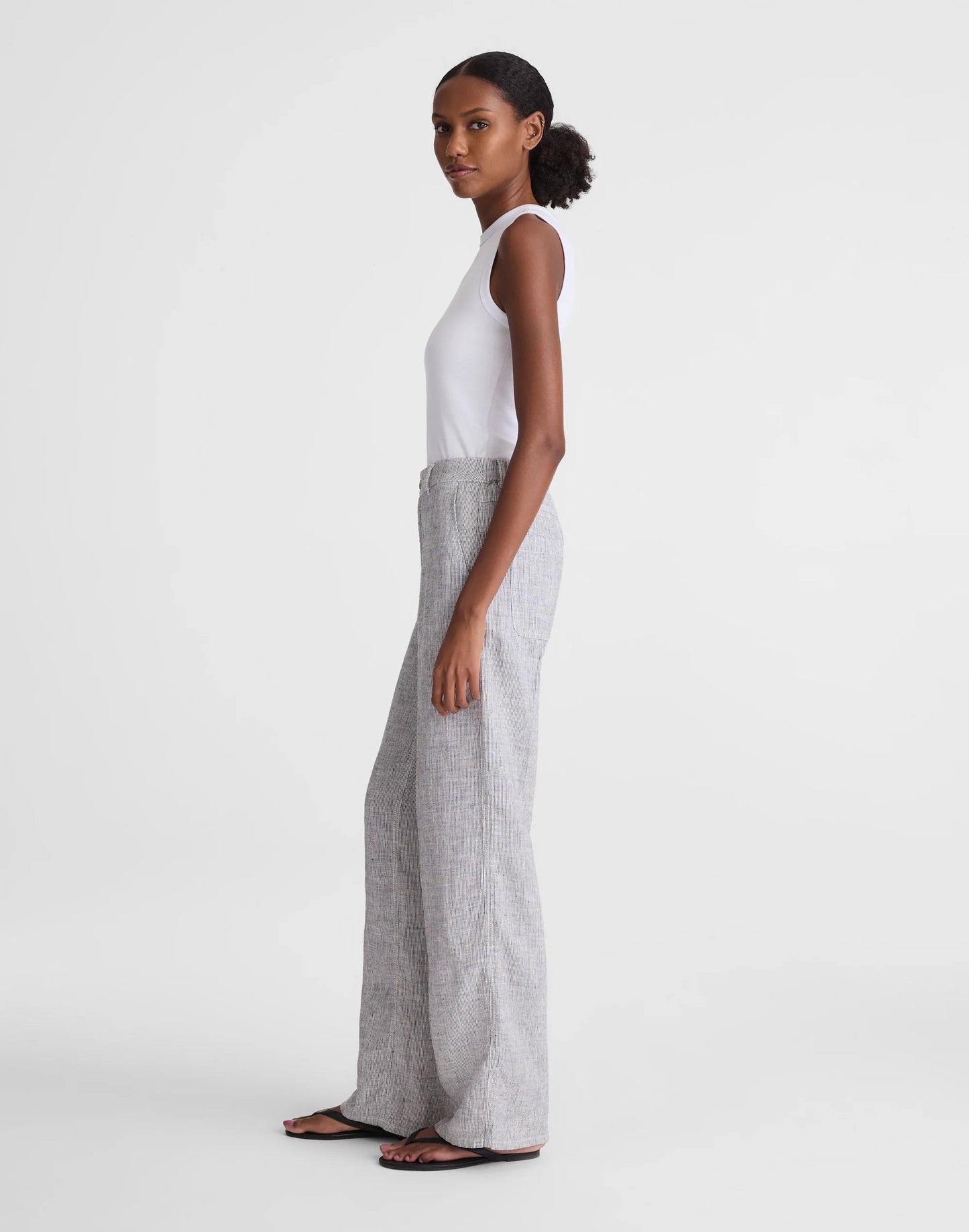 Madewell The Zoe Relaxed Straight Pant in 100% Linen Black White Mini Stripe