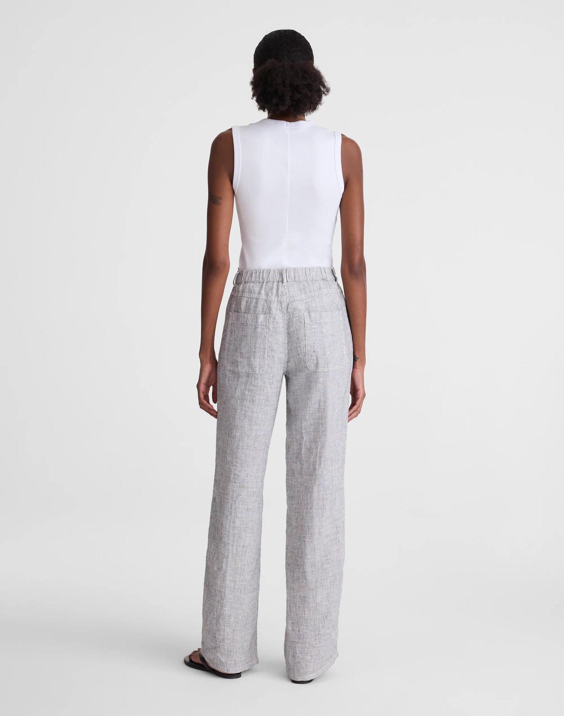 Madewell The Zoe Relaxed Straight Pant in 100% Linen Black White Mini Stripe