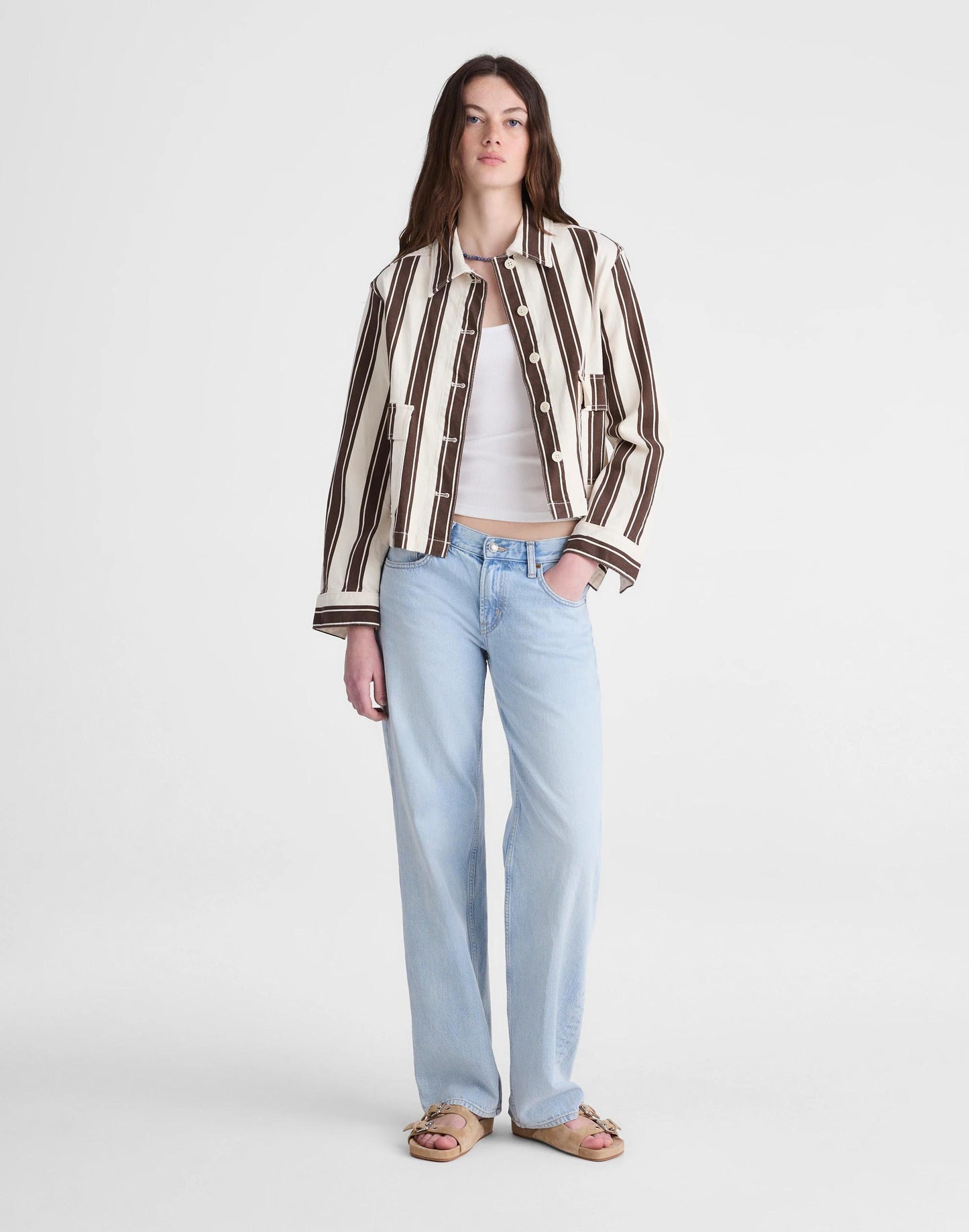 Madewell Cropped Button-Front Jacket Dark Brown Stripe