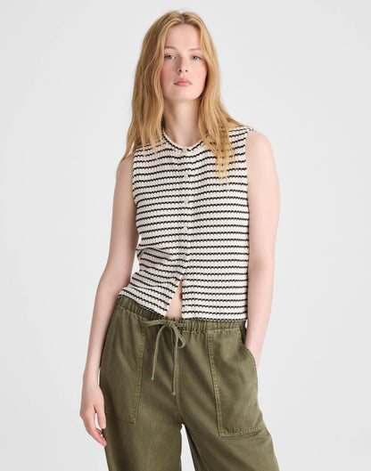 Madewell Textured-Knit  Button-Front Shell Top Ivory And Black Tuck Stitch