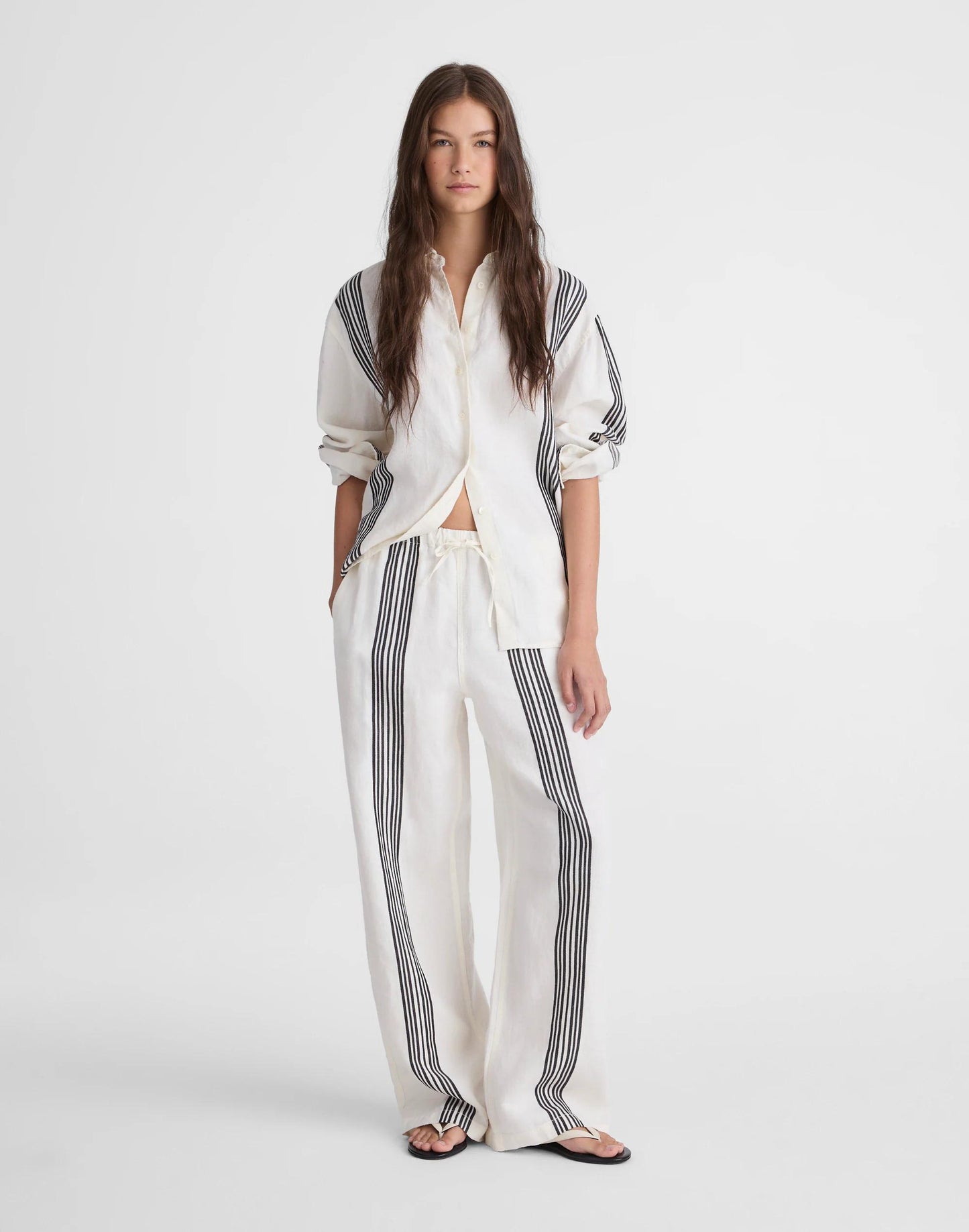Madewell Pull-On Pants in Linen Blend Bold Placement Stripe Black