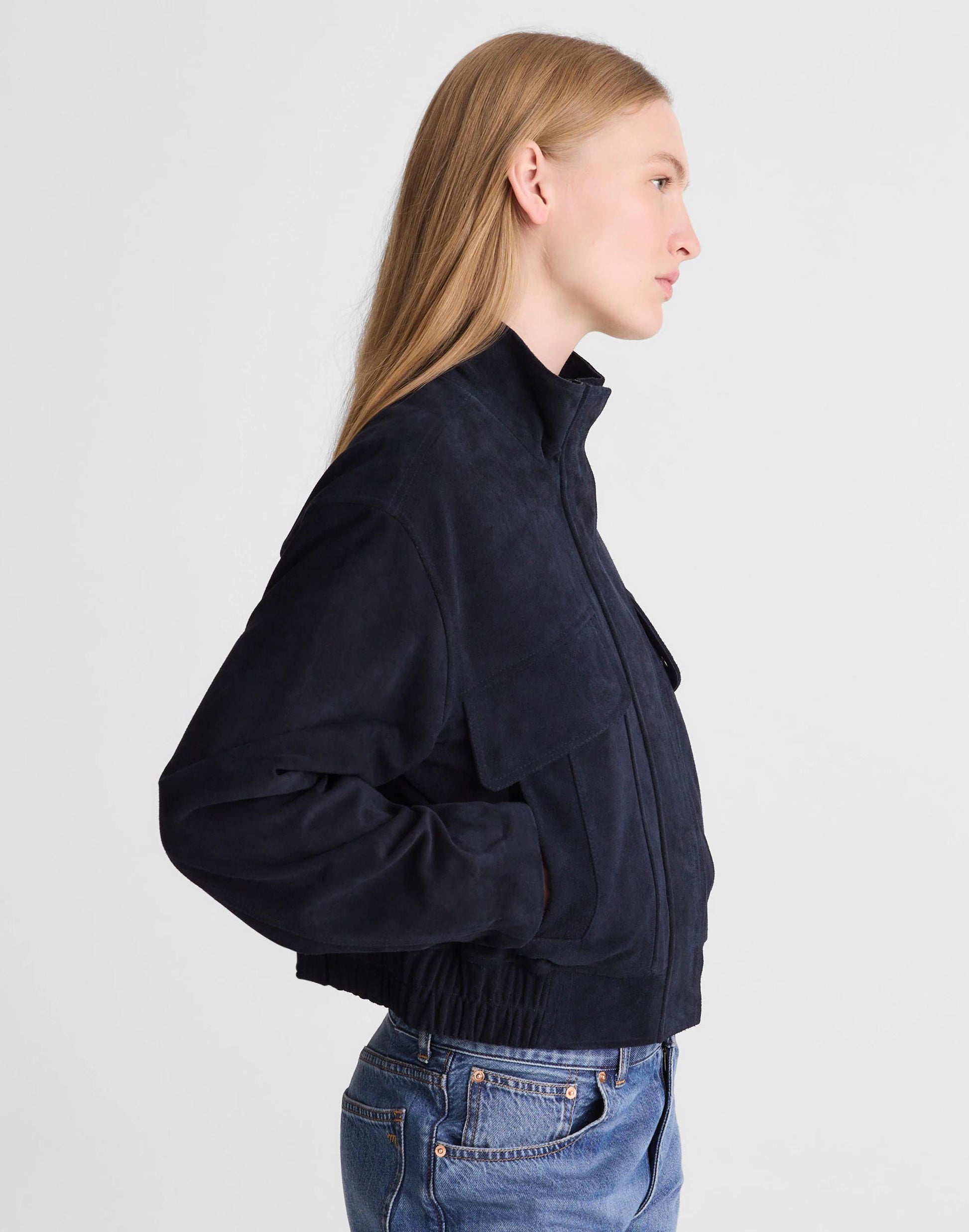 Madewell Funnel-Neck Utility Jacket in Suede Classic Navy
