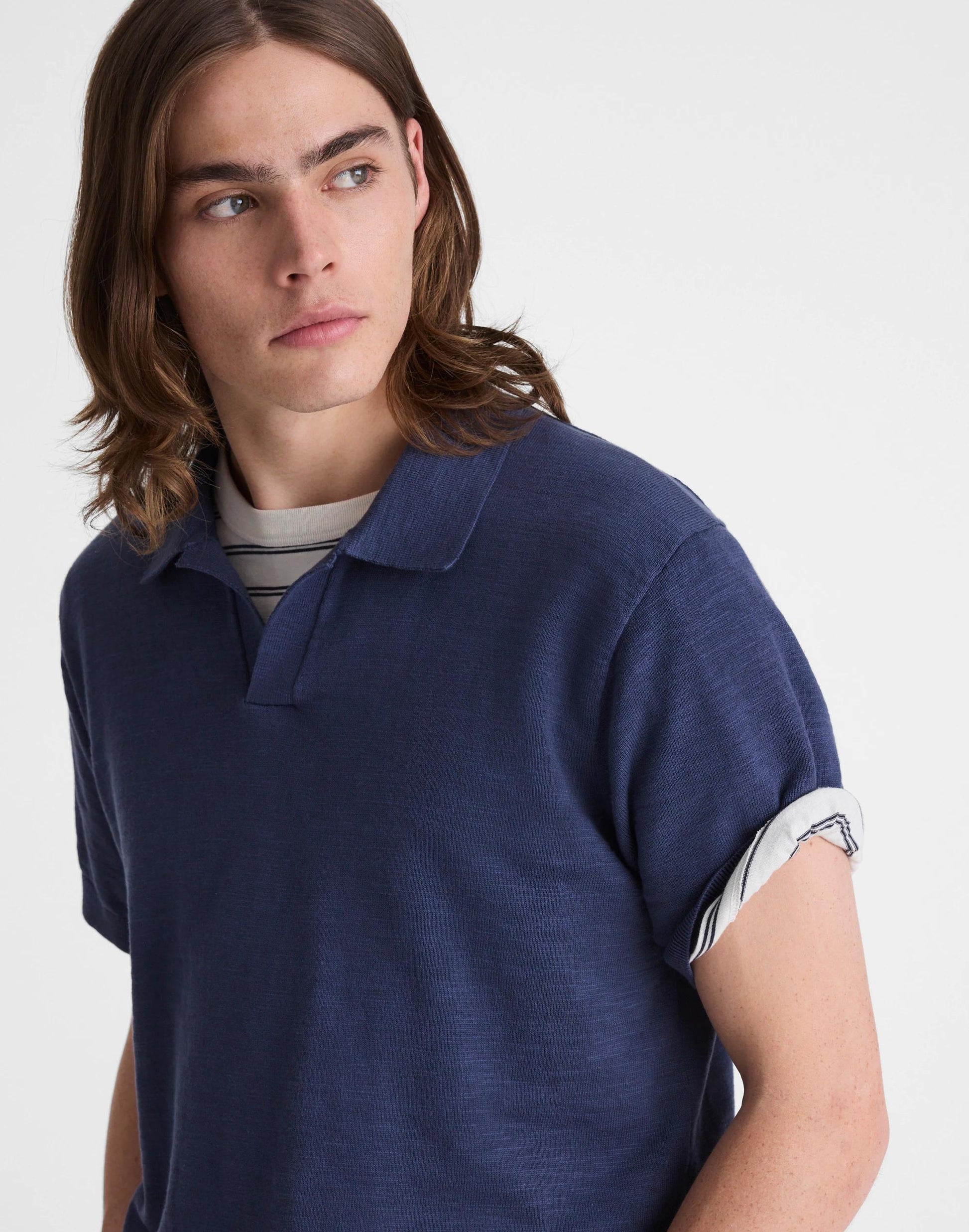Madewell Johnny-Collar Sweater Polo in Slub Knit Cotton Petrol Navy