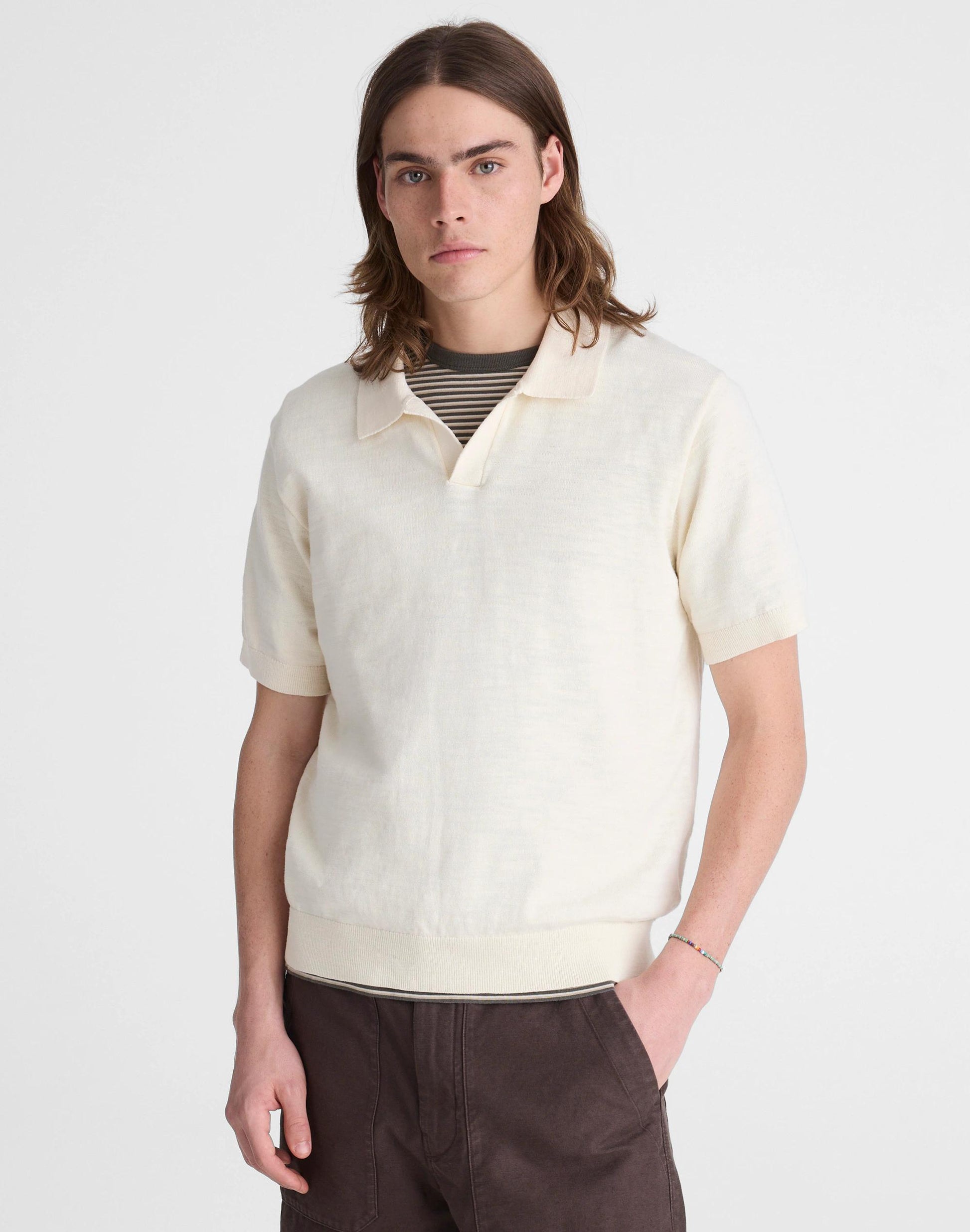 Madewell Johnny-Collar Sweater Polo in Slub Knit Cotton Antique Cream