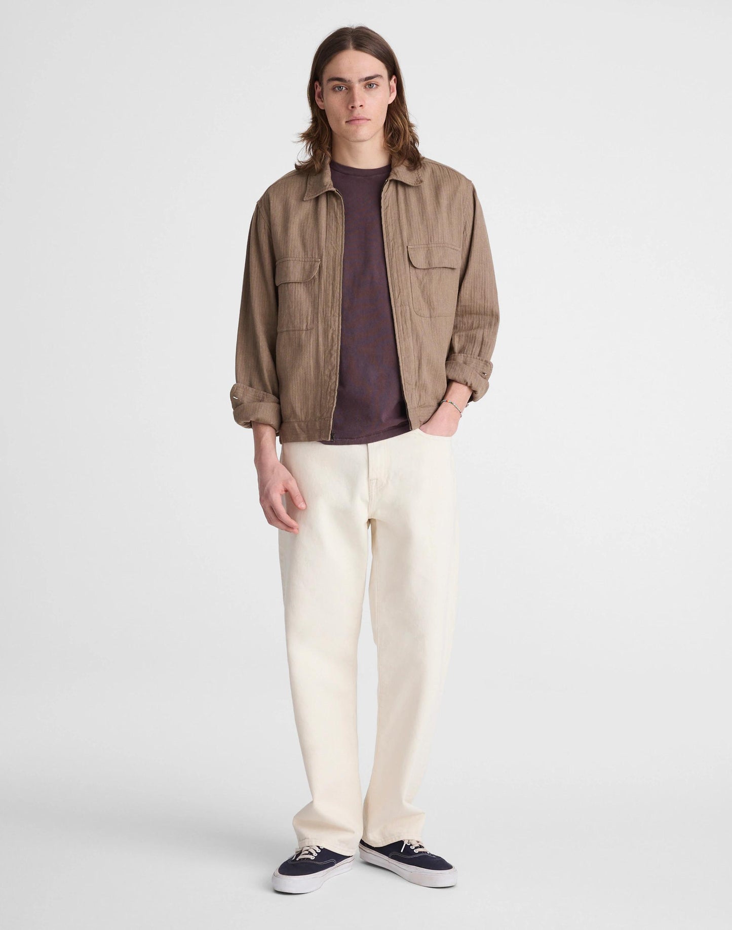 Madewell Zip-Front Jacket in Herringbone Cotton-Linen Blend Light Mauve