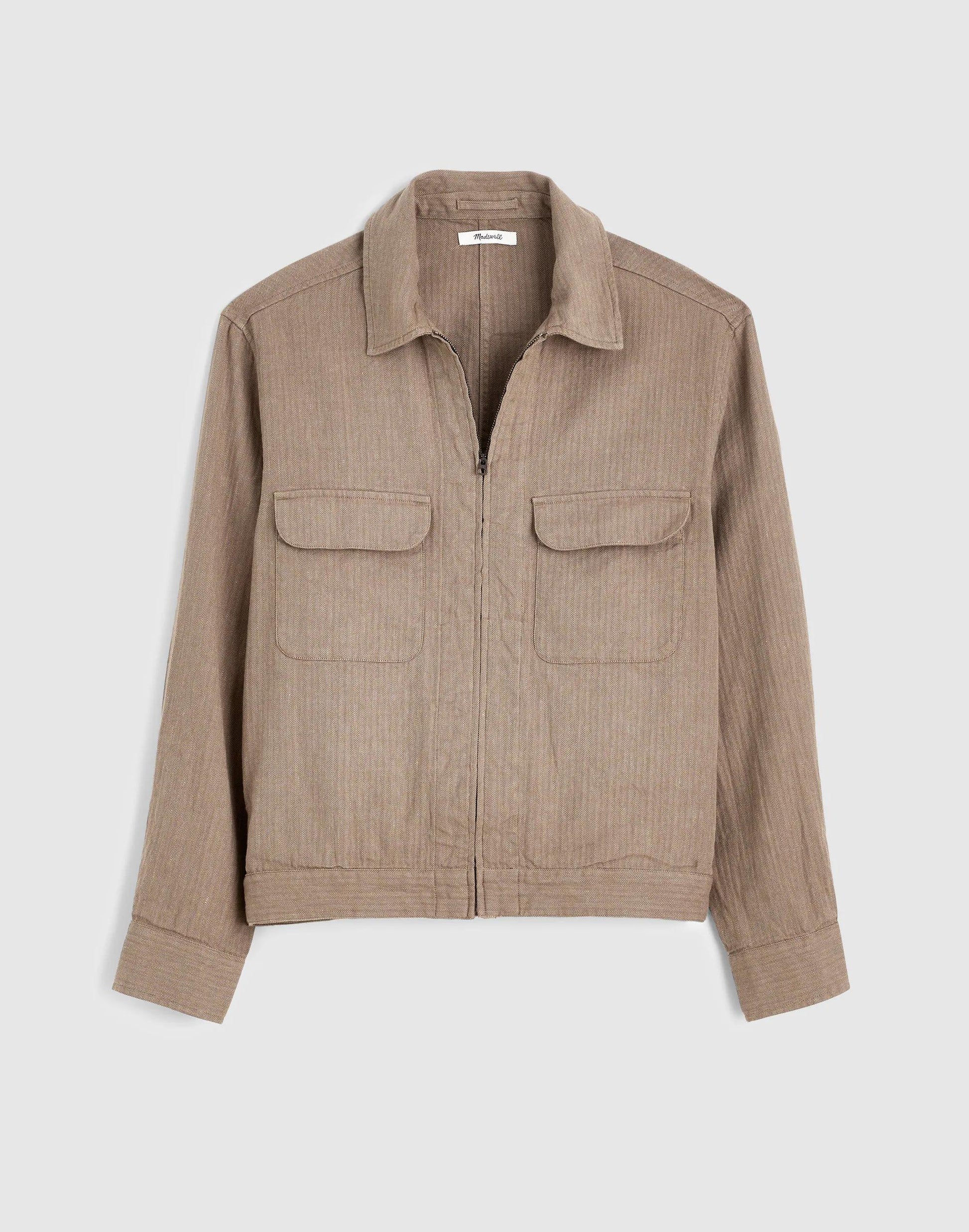Madewell Zip-Front Jacket in Herringbone Cotton-Linen Blend Light Mauve
