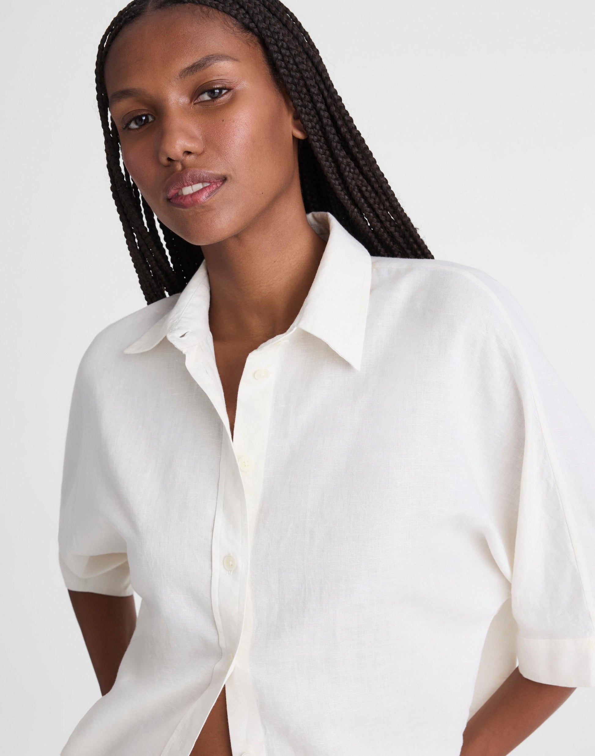 Madewell Relaxed Pleat-Sleeve Button-Up Shirt in Cotton-Linen Blend Ivory Linen