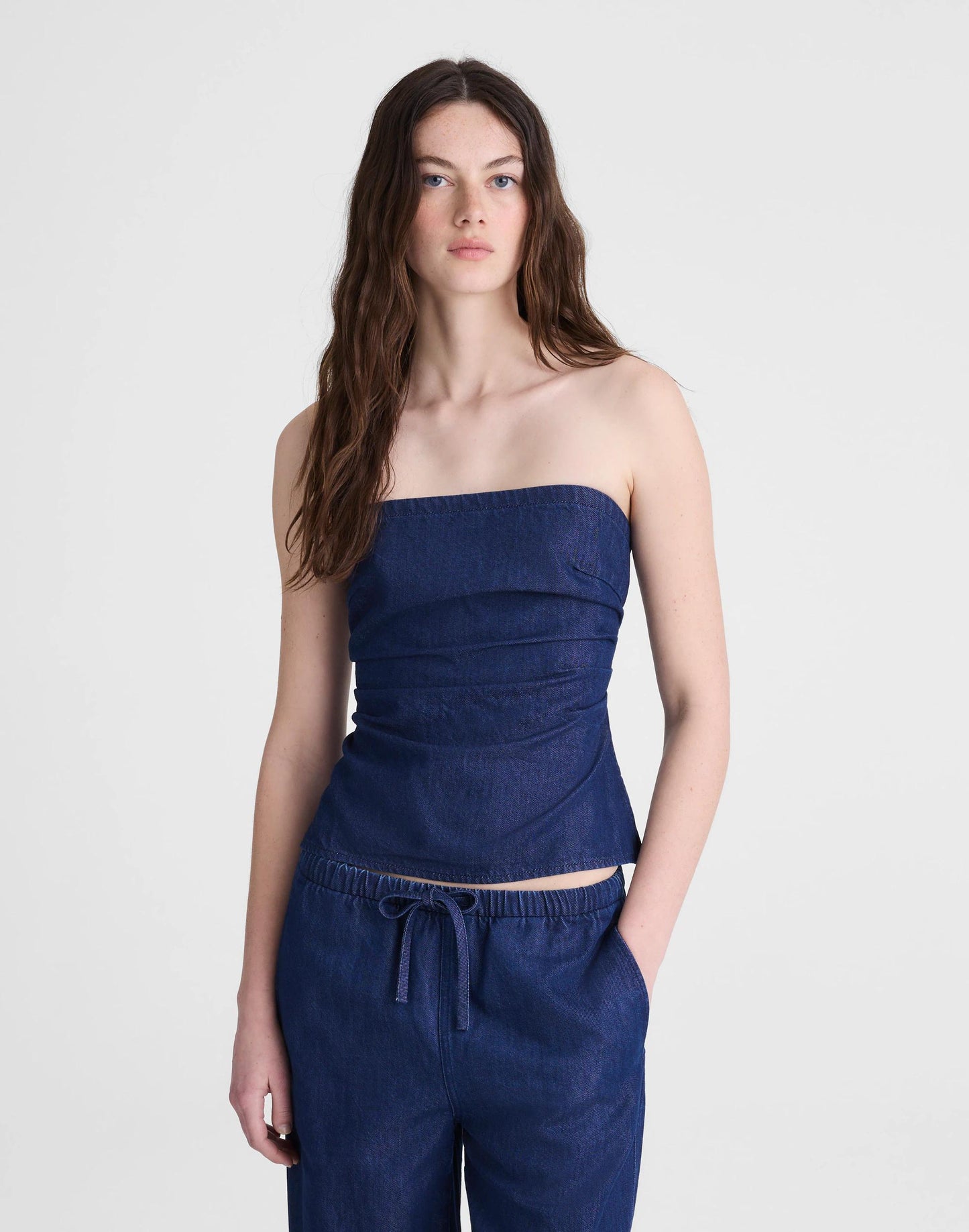 Madewell Airy Denim Ruched Squareneck Tank Nostalgic Blue