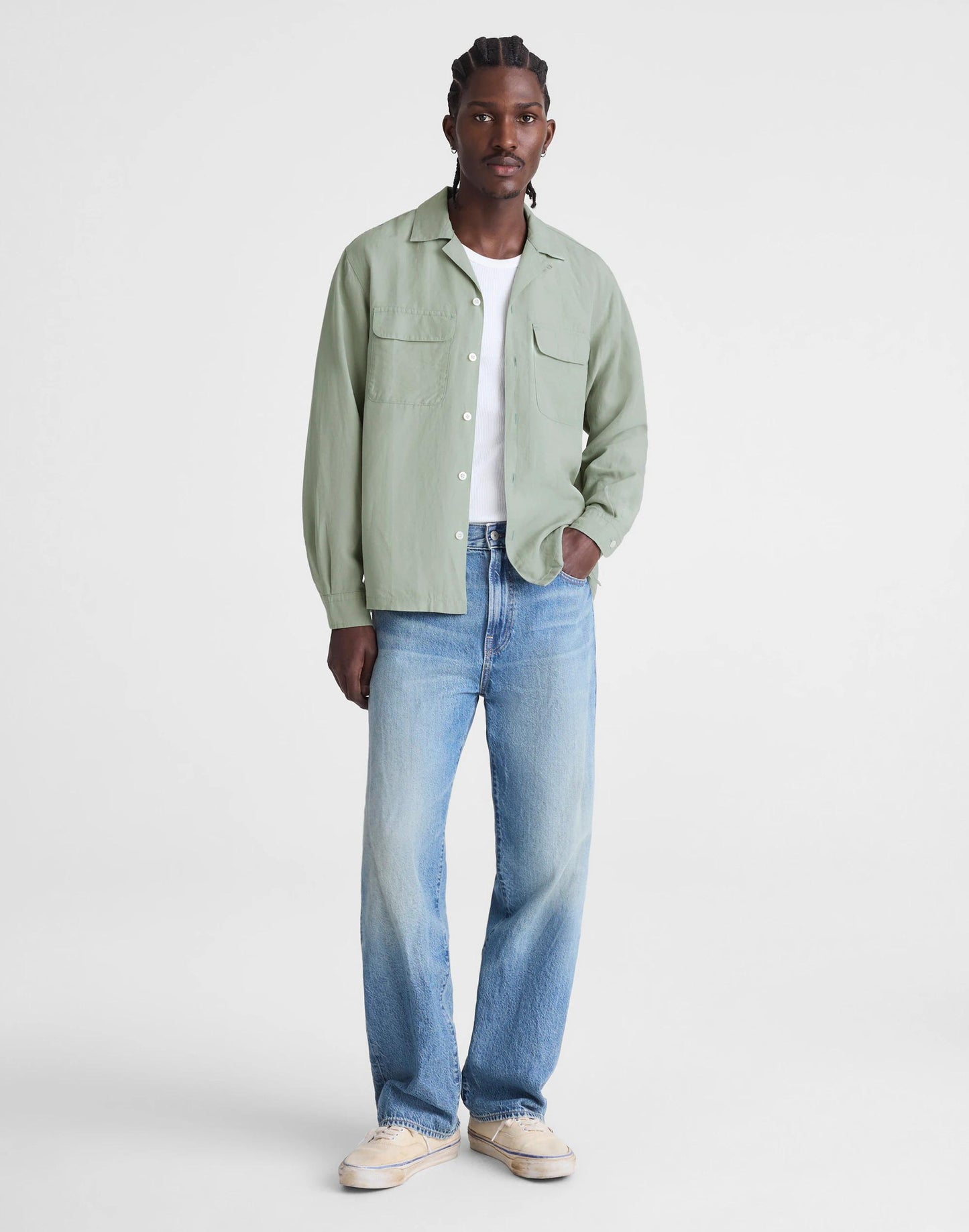 Madewell The Long-Sleeve Camp Shirt in Archive Linen Blend Frosted Cement