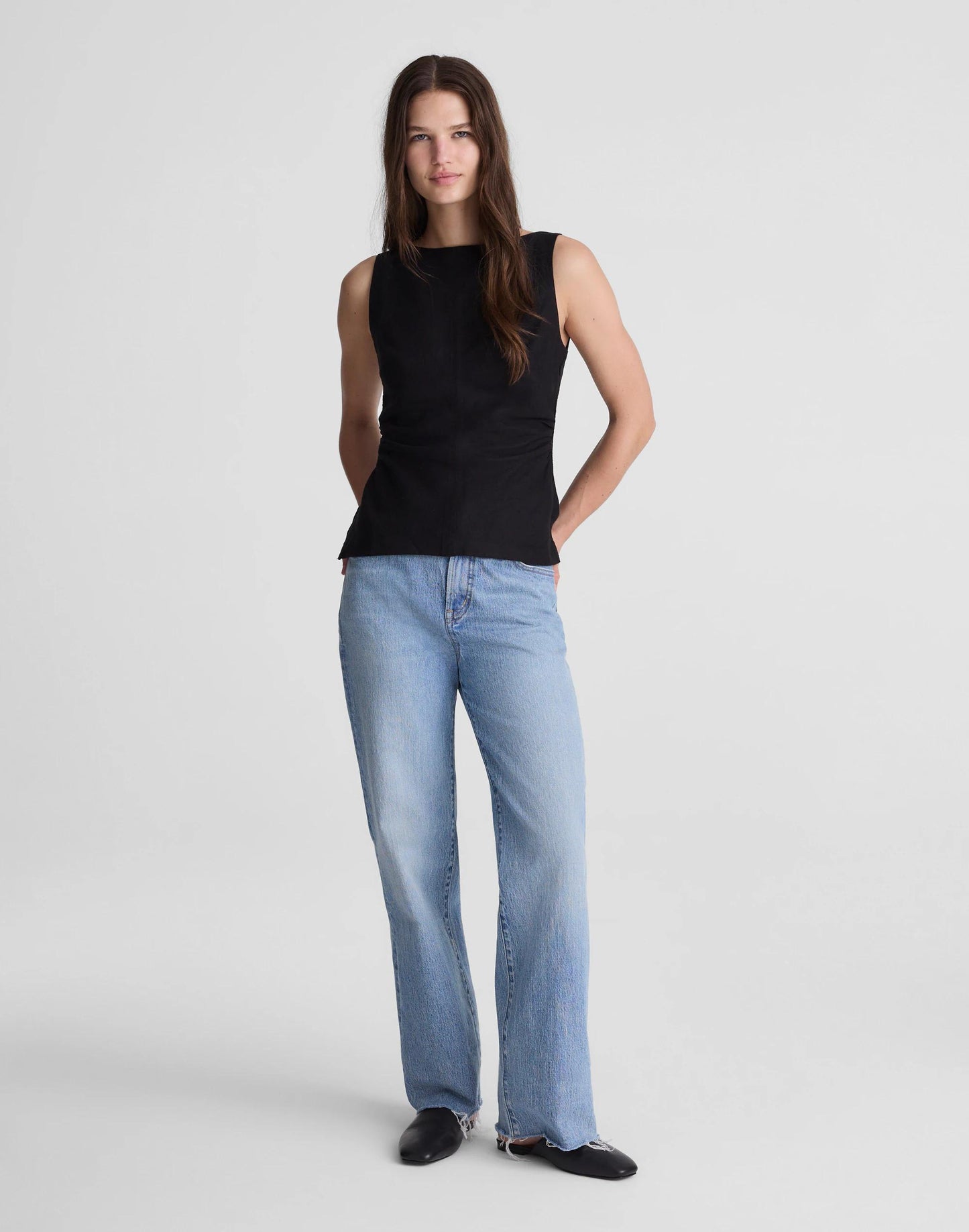 Madewell Cinched Boatneck Sleeveless Top in 100% Linen Jet Black